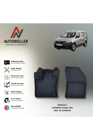 AutoWeller Renault Express Panelvan 2021 Sonrası Havuzlu 3D TPE Oto Paspas Takımı ürün görseli 1