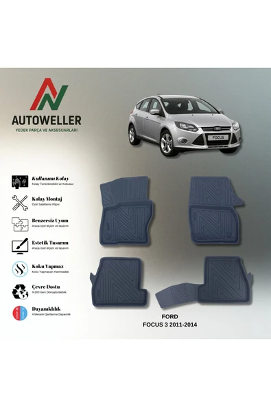 AutoWeller Ford Focus 2011-2014 Havuzlu 3D TPE Oto Paspas Takımı ürün görseli 1