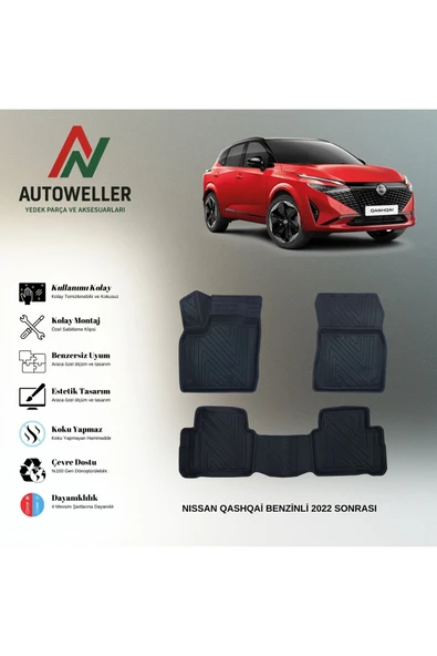 AutoWeller Nissan Qashqai 2022 Sonrası Benzinli Havuzlu 3D TPE Oto Paspas Takımı ürün görseli 1