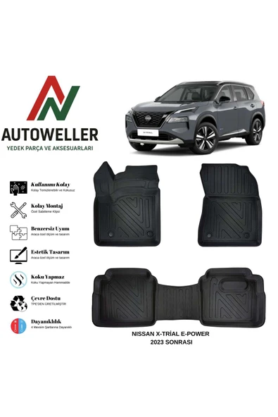 AutoWeller Nissan X-Trail 2022 Sonrası Havuzlu Oto E-Power Havuzlu 3D TPE Oto Paspas Takımı ürün görseli 1