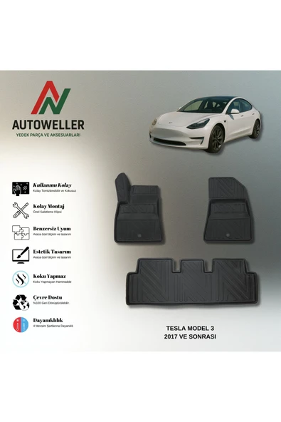 AutoWeller Tesla Model 3 2017 Sonası Havuzlu 3D TPE Oto Paspas Takımı ürün görseli 1