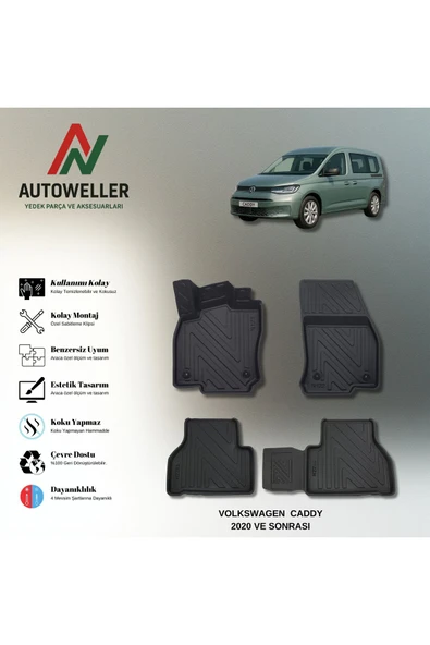 AutoWeller Volkswagen Caddy 2020 Sonrası Havuzlu 3D TPE Oto Paspas Takımı ürün görseli 1