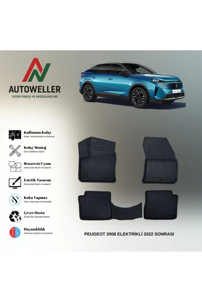 AutoWeller Peugeot e-2008 2022 Sonrası Havuzlu 3D TPE Oto Paspas Takımı ürün görseli 1