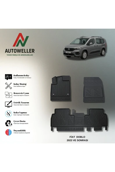 AutoWeller Fiat Doblo 2023 Sonrası Havuzlu 3D TPE Oto Paspas Takımı ürün görseli 1