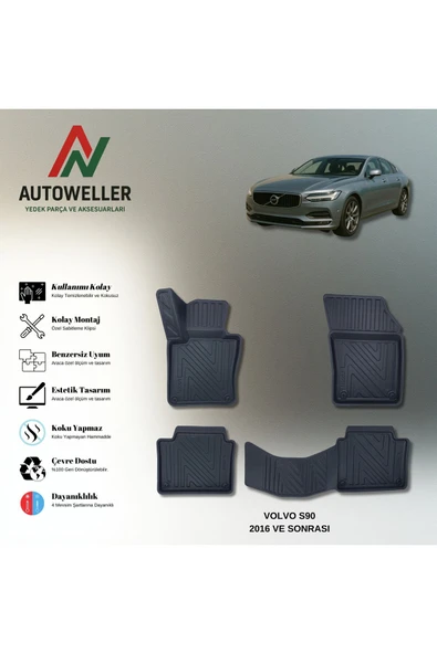 AutoWeller Volvo S90 2016 Sonrası Benzin & Dizel Havuzlu 3D TPE Oto Paspas Takımı ürün görseli 1