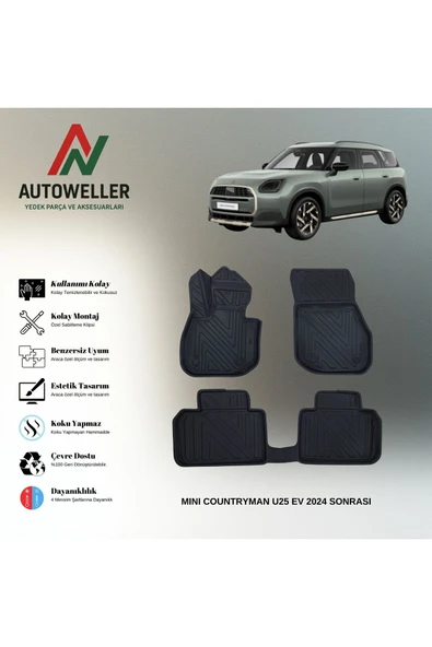 AutoWeller Mini Countryman U25 EV 2024 Sonrası Elektrikli Havuzlu 3D TPE Oto Paspas Takımı ürün görseli 1