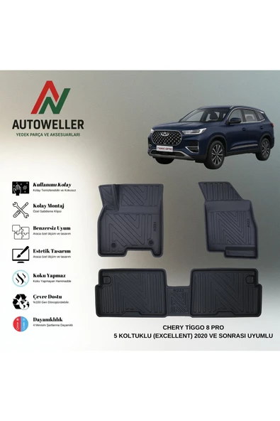 AutoWeller Chery Tiggo 8 Pro 2020-2025 5 Koltuklu Excellent-Intelligent Havuzlu 3D TPE Oto Paspas Takımı ürün görseli 1