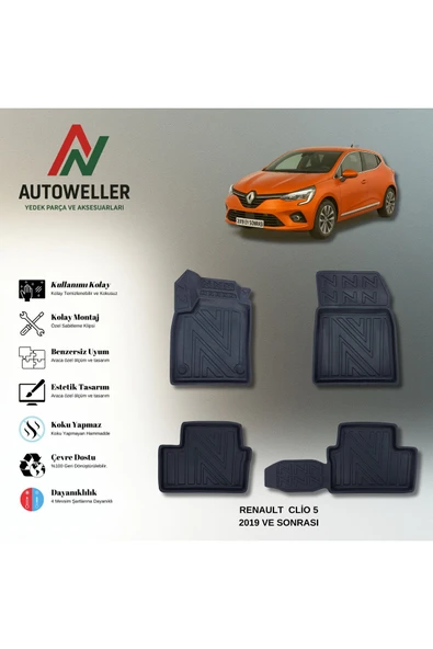 AutoWeller Renaut Clio 5 2019-2025 Havuzlu 3D TPE Oto Paspas Takımı ürün görseli 1