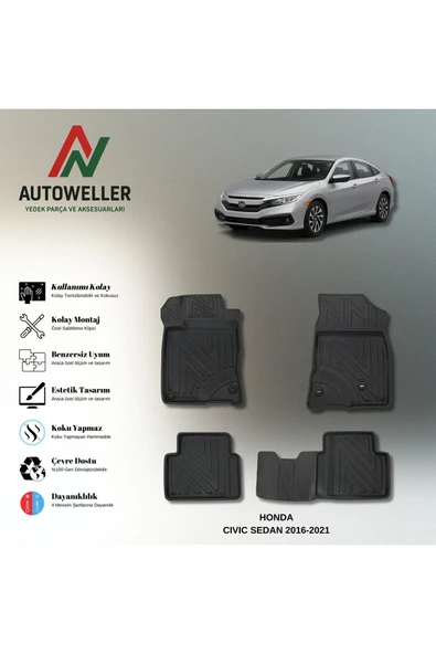 AutoWeller Honda Civic 2016-2021 Havuzlu 3D TPE Oto Paspas Takımı ürün görseli 1