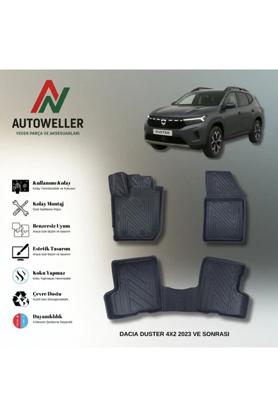 AutoWeller Dacia Duster 2023 Sonrası 4x2 Havuzlu 3D TPE Oto Paspas Takımı ürün görseli 1