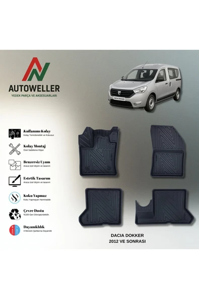 AutoWeller Dacia Dokker 2012 Sonrası Havuzlu 3D TPE Oto Paspas Takımı ürün görseli 1