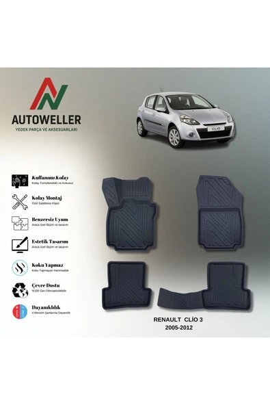AutoWeller Renault Clio 3 2005-2012 Havuzlu 3D TPE Oto Paspas Takımı ürün görseli 1