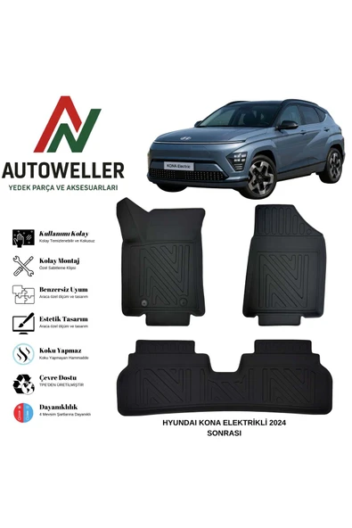 AutoWeller Hyundai Kona Elektrikli 2024 Sonrası Havuzlu Oto Havuzlu 3D TPE Oto Paspas Takımı ürün görseli 1