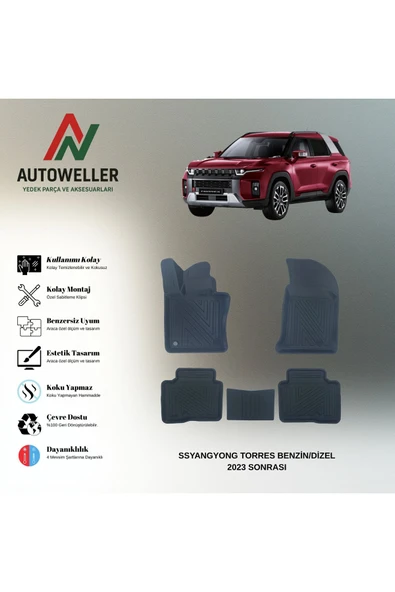 AutoWeller Ssyangyong Torres 2023 Sonrası Benzin/Dizel Havuzlu 3D TPE Oto Paspas Takımı ürün görseli 1