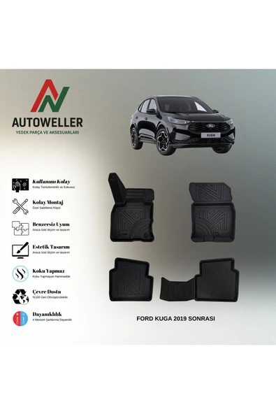 AutoWeller Ford Kuga 2019 Sonrası Havuzlu 3D TPE Oto Paspas Takımı ürün görseli 1