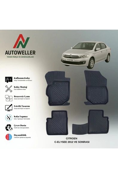 AutoWeller Citroen C-Elysee 2012 Sonrası Havuzlu 3D TPE Oto Paspas Takımı ürün görseli 1