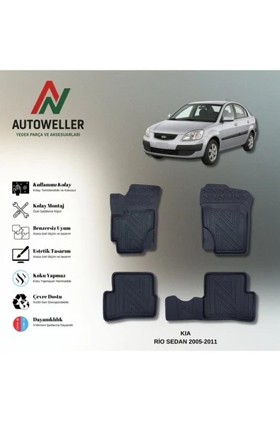 AutoWeller Kia Rio Sedan 2005-2011 Havuzlu 3D TPE Oto Paspas Takımı ürün görseli 1