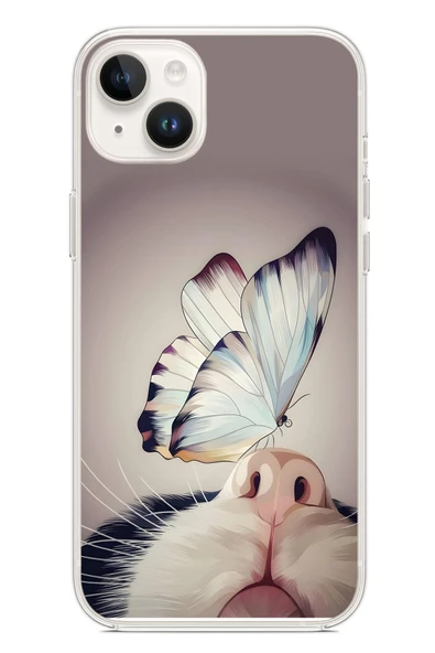 Le Balvo İphone 14 Plus Uyumlu Kelebekli Kedi Baskılı Silikon Kılıf ürün görseli 1