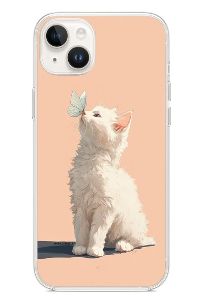 Le Balvo İphone 14 Plus Uyumlu Beyaz Kelebekli Kedi Baskılı Silikon Kılıf ürün görseli 1