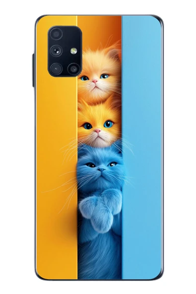 Le Balvo Samsung Galaxy M51 Uyumlu Mavi Sarı Kediler Baskılı Silikon Kılıf ürün görseli 1