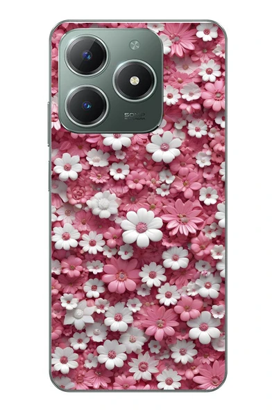 Le Balvo Realme C61 Uyumlu Beyaz Pembe Papatyalar Baskılı Silikon Kılıf ürün görseli 1