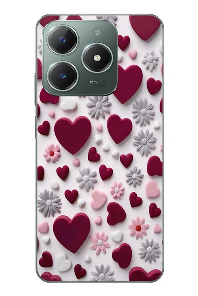 Le Balvo Realme C61 Uyumlu Kırmızı ve Pembe Kalpler Baskılı Silikon Kılıf ürün görseli 1