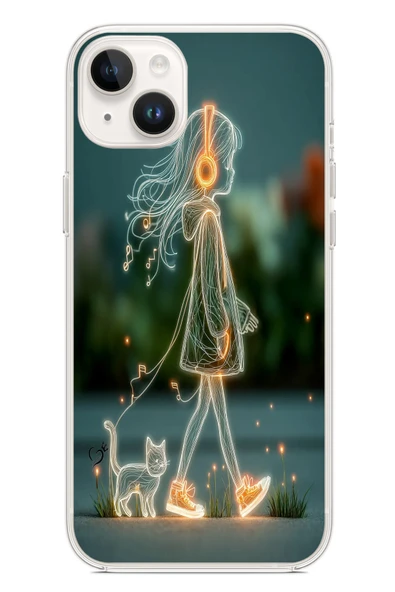 Le Balvo İphone 14 Plus Uyumlu Kedili Neon Kız Baskılı Silikon Kılıf ürün görseli 1