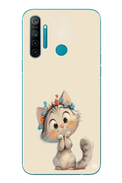 Le Balvo Realme 5i Uyumlu Sevimli Çiçekli Kedi Baskılı Silikon Kılıf ürün görseli 1