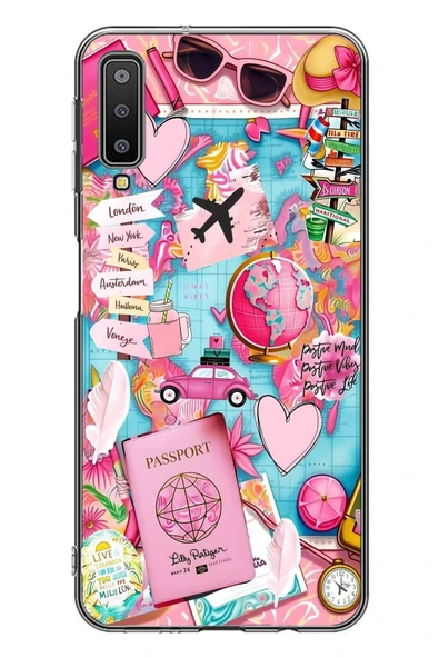 Le Balvo Samsung Galaxy A7 2018 Uyumlu Pembe Seyahat Baskılı Silikon Kılıf ürün görseli 1