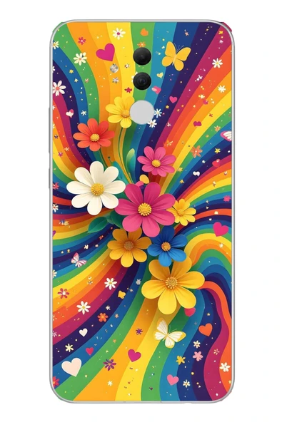 Le Balvo Huawei Mate 20 Lite Uyumlu Renkli Gökkuşağı Çiçekleri Baskılı Silikon Kılıf ürün görseli 1