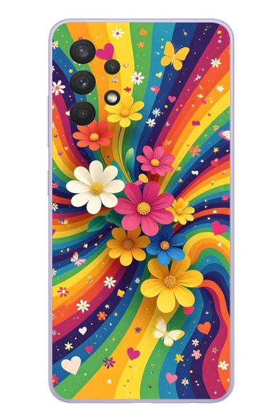 Le Balvo Samsung Galaxy A32 Uyumlu Renkli Gökkuşağı Çiçekleri Baskılı Silikon Kılıf ürün görseli 1