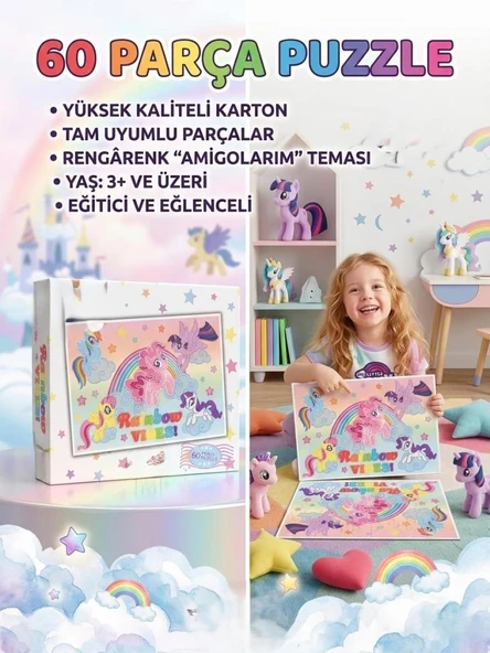 60 Parça Puzzle ile Sihirli Unicornların Dünyasında Gökkuşağı Macerası Eğitici Puzzle ürün görseli 1