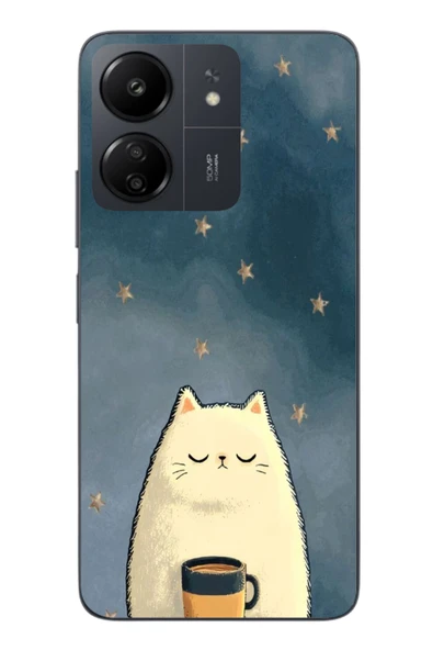 Le Balvo Redmi 13C Uyumlu Kahveci Beyaz Kedir Baskılı Silikon Kılıf ürün görseli 1