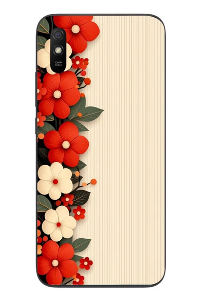 Le Balvo Redmi 9A Uyumlu Kırmızı Beyaz Çiçekler Baskılı Silikon Kılıf ürün görseli 1