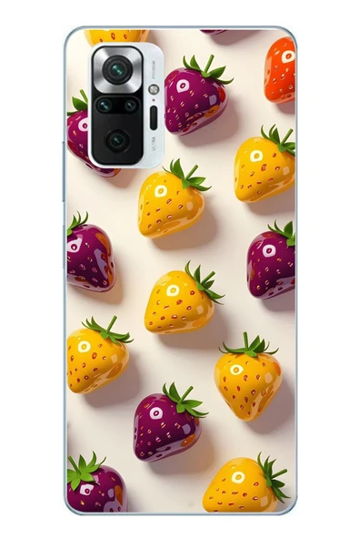 Le Balvo Redmi Note 10 Pro Uyumlu Sarı Kırmızı Çilekler Baskılı Silikon Kılıf ürün görseli 1