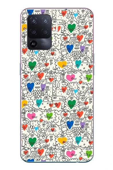 Le Balvo Oppo Reno 5 Lite Uyumlu Kalp Çizgileri Karışık Baskılı Silikon Kılıf ürün görseli 1