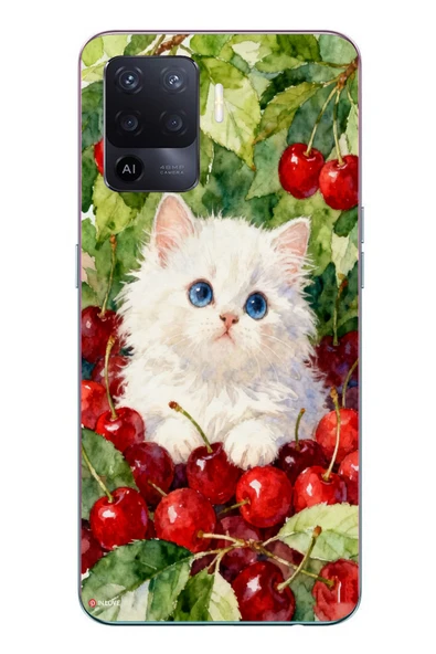 Le Balvo Oppo Reno 5 Lite Uyumlu Kirazlı Kedi Baskılı Silikon Kılıf ürün görseli 1