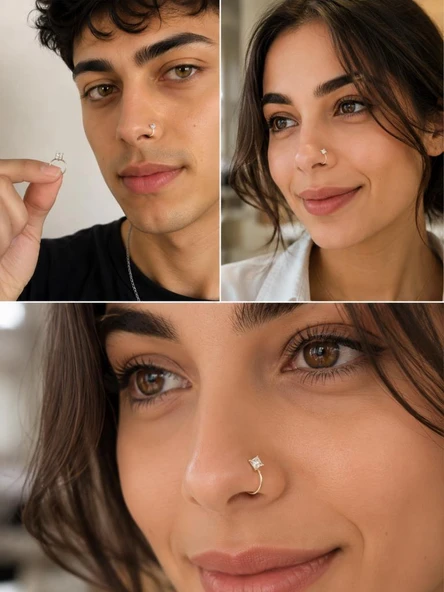 925 Ayar Gümüş Minimal Burun Hızması Piercing Zirkon Taşlı Unisex Halka Nose Ring Günlük Kullanım Şık Tasarım ürün görseli 1
