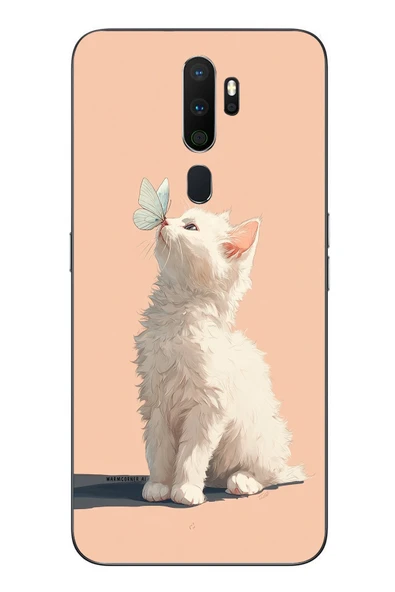 Le Balvo Oppo A5 2020 Uyumlu Beyaz Kelebekli Kedi Baskılı Silikon Kılıf ürün görseli 1