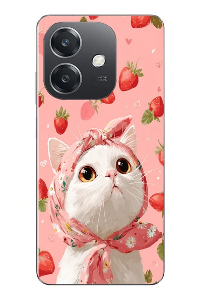 Le Balvo Oppo A3 Uyumlu Örtülü Kedi Çilekli Baskılı Silikon Kılıf ürün görseli 1