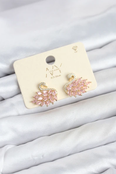 Pembe Zirkon Taşlı Gold Swan Kuğu Model Kadın Küpe TJ-BKP11942 ürün görseli 1
