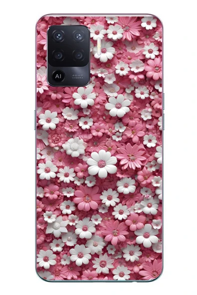 Le Balvo Oppo Reno 5 Lite Uyumlu Beyaz Pembe Papatyalar Baskılı Silikon Kılıf ürün görseli 1