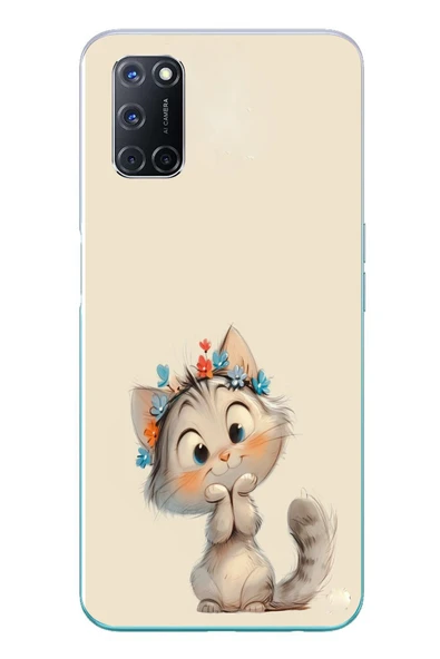 Le Balvo Oppo A52 Uyumlu Sevimli Çiçekli Kedi Baskılı Silikon Kılıf ürün görseli 1