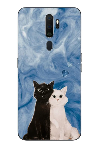 Le Balvo Oppo A5 2020 Uyumlu Siyah ve Beyaz Kedi Baskılı Silikon Kılıf ürün görseli 1
