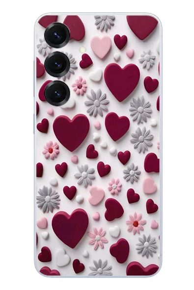 Le Balvo Samsung Galaxy S25 Uyumlu Kırmızı ve Pembe Kalpler Baskılı Silikon Kılıf ürün görseli 1