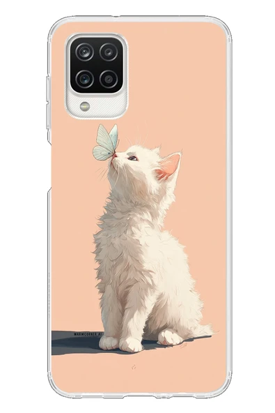 Le Balvo Samsung Galaxy A12 Uyumlu Beyaz Kelebekli Kedi Baskılı Silikon Kılıf ürün görseli 1