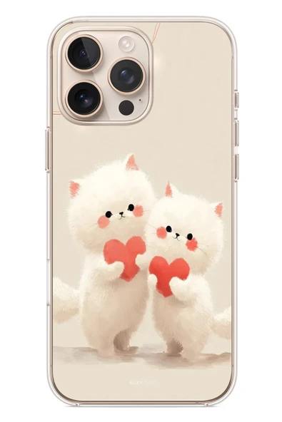 Le Balvo İphone 16 Pro Max Uyumlu Kalpli Beyaz Kediler Baskılı Silikon Kılıf ürün görseli 1