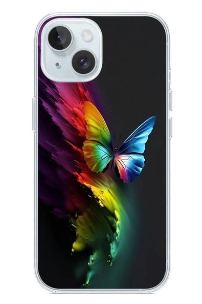 Le Balvo İphone 15 Uyumlu Gökkuşağı Kelebeği Baskılı Silikon Kılıf ürün görseli 1