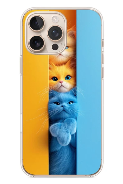Le Balvo İphone 16 Pro Max Uyumlu Mavi Sarı Kediler Baskılı Silikon Kılıf ürün görseli 1