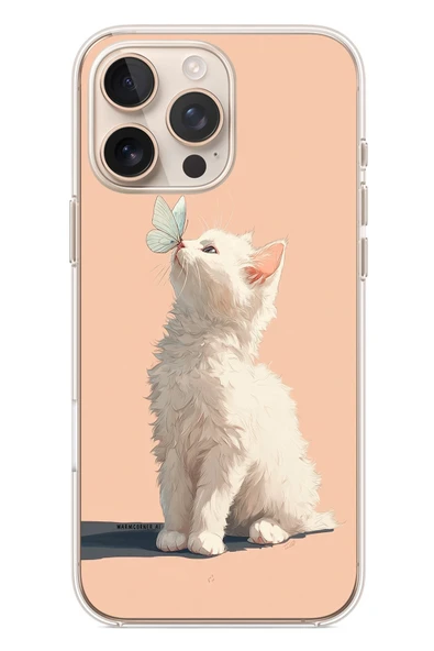 Le Balvo İphone 16 Pro Max Uyumlu Beyaz Kelebekli Kedi Baskılı Silikon Kılıf ürün görseli 1